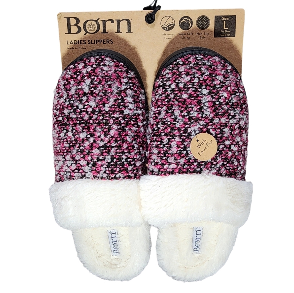 Born Women's Chunky Sweater knit Slipper Memory Foam Shearling Faux Fur Collar L